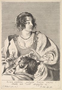 Delila Sámson haját készül levágni ollóval a jobb kezében, a mellkasa alatt..., kb. 1629. alkotó: Nicolas Viennot