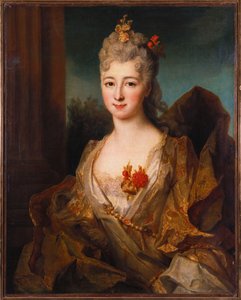 Hölgy portréja, félhosszú, fehér-arany hímzett ruhában, virággal a hajában alkotó: Nicolas de Largillière