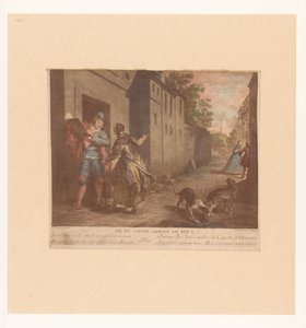 Straat Gezicht met man met boek Vagy soha ne gondolj mindenre (cím a tárgyon) Fabels van Jean de La Fontaine (sorozat címe) La Fontaine meséihez készült új nyomatok sorozata (sorozat címe) alkotó: Nicolas de Larmessin (III)