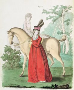 Egy hölgy lóháton lovaglóruhában, Nikolaus Heideloff Divatgalériájából, II. kötet, 1795. június (nyomtatott) alkotó: Nicolaus von Heideloff