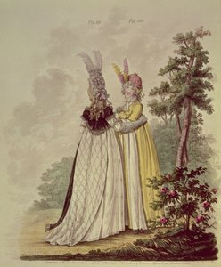 Sétálóruhák N. Heideloff "Gallery of Fashion" című művéből, 1796 (akvatinta)