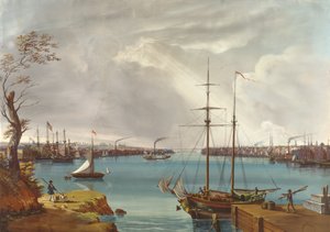 New York, Brooklyn és a Navy Yard kilátása a Williamsburg melletti Heightsból, 1835-45 körül (guache, wc papíron)