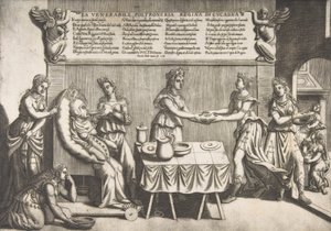 Tiszteletreméltó Tétlenség, Cockaigne királynője, egy kövér nő, aki mozgatható WC-széken ül, lény..., 1565. alkotó: Nicolo Nelli