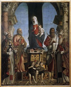 Szűz és gyermek a trónon Szent Miklóssal, Szent Péterrel, Szent Borbálammal és Szent Ágostonnal (olaj, vászon