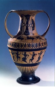 Táncosokat ábrázoló tetőtéri fekete amfora, ie 535-38 körül (cserép) alkotó: Nicosthenes