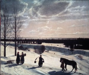 Téli jelenet, orosz tél (Winter scene, Russian Winter). Havas táj leírása esti fényben, alakok az úton: az egyik lovat és nőket vezet, vödör rakomány, másik kettő pedig beszélget egy szán mellett. pei