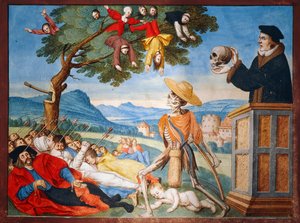 A halál akcióba lép a kaszájával, és az emberek hullott levelekként hullanak, Memento Mori prédikációja a Haláltánc ciklusából, Albrecht Kauw