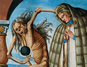 Halál a kánonnal, a Halál, az apát és a kánon (az apát segédje) részlete a Haláltánc ciklusából, Albrecht Kauw alkotó: Niklaus Manuel