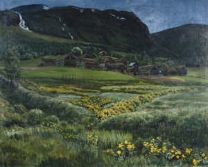 Június éjszaka és a régi nyugat-norvég udvar (olaj, vászon) alkotó: Nikolai Astrup