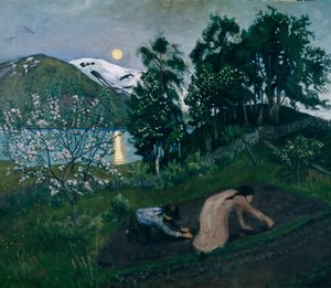 Tavaszi éjszaka a kertben, Éjszakai munka a kertben alkotó: Nikolai Astrup