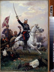 Guerre russo turque (russo-turque) (1877-1878): Mihail F. Skobelev tábornok (1843-1882) a cheval lors de la bataille du col de Shipka en 1877 (Mihail F. Sobelek tábornok lóháton) - Peinture de Nikolai Dmitrievich Dmitriev Orenbourgski (Dmitriev-Oren