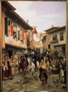 Orosz-török ​​(orosz-török) háború 1877-1878: "Az orosz nagyherceg (nagyherceg) Miklós Nyikolajevics (Idősebb Miklós Nikolajevics) (1831-1891) Veliko Tarnovóban 1877. március 6-án Bulgáriában" Nyikolaj Dmitrijevics Dmitrijev Orenburgszkij festménye (D
