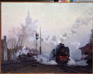 Úton (On the Way). A gőzmozdonyok kéményeik füstjébe fojtják a városi tájat. Nyikolaj Dmitrijevics Kuznyecov (1923-1974) festménye, olaj, vászon