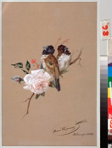 Két madár a rózsán – Nyikolaj Jegorovics Svercskov (Nicolas Swertschkoff) (1817-1898) munkája, akvarell és tus papíron