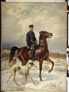 A vadász (The Hunter). Lóháton és Barzoi kutyái (orosz agár) kíséretében. Nyikolaj Jegorovics Svercskov (Nicolas Swertschkoff) (1817-1898) festménye, olaj, vászon. orosz művészet