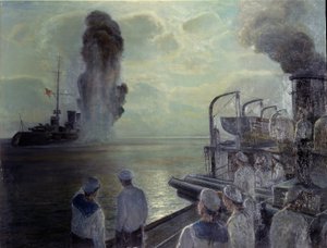 1917. évi orosz forradalom: Az orosz Fekete-tengeri Flotta elsüllyeszti saját hajóit 1918. június 18-án. (A Fekete-tengeri Flotta önelsüllyedése 1918. június 18-án). Nyikolaj Eviampievich Bublikov (1871-1942) festménye, olaj, vászon alkotó: Nikolai Evlampievich Bublikov