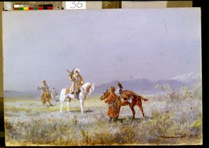 Solymászat (The Falconry). A közép-ázsiai lovasok sólymokat képeznek ki vadászatra a sztyeppeken. Nyikolaj Nyikolajevics Karasin (1842-1908) festménye, olaj, vászon alkotó: Nikolai Nikolaevich Karazin