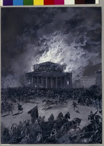 Tűz a Bolsoj Színházban Moszkvában (Oroszország), 1853. március 11. (A tömeg mozgása az épület előtt és a tűzoltók érkezése) - Nyikolaj Nyikolajevics Karasin (1842-1908) alkotása, gouache papíron - orosz művészet , második század fele - St