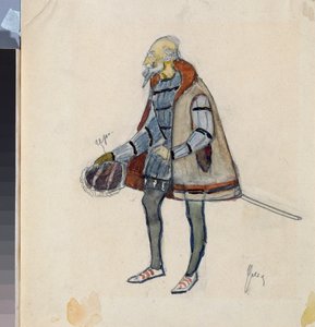 Előkészítő jelmez, a fösvény lovag Alekszandr Puskin (1799-1837) "A vadlovag" című színházi darabjához (A Puskin A fösvény lovag című színházi darabjához jelmeztervezés) - Nyikolaj Pavlovics Uljanov (Uljanov) munkája ( 1875-1949), cra