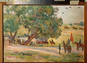 Katonai manőverek Moszkva környékén (Manőverek Moszkva közelében) - Nyikolaj Pavlovics Uljanov (Ulianov) (1875-1949) munkája, olaj, karton