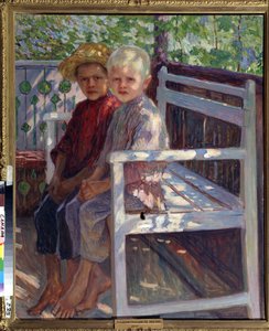 Gyermekek (Gyermekek). Két gyerek, az egyik szőke, a másik barna hajú, mezítláb ül egy padon a napon. Nyikolaj Petrovics Bogdanov Belszkij (Bogdanov-Belsky) (Bogdanov-Belsky) (Bogdanov-Belsky) festménye (1868-1945). Olajfestmény