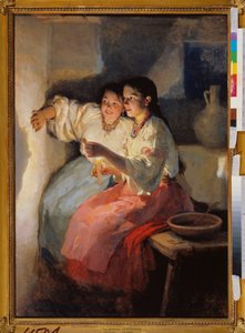 Jóslás karácsony estéjén (Két fiatal lány gyertyafénynél árnyékot vet a falra) - Szenteste jóslás - Nyikolaj Kornyilovics Pimonenko (1862-1912) festménye, olaj, vászon