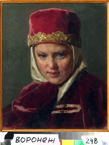 Boyar Woman (boiard, boiar) (Boyar Wife). A régi Oroszország hagyományos ruháit viseli a Moszkvai Nagyhercegségben. Nyikolaj Vasziljevics Nevrev (1830-1904) festménye, olaj, vászon