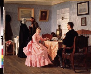 A párkeresés. Egy csésze tea köré szervezett találkozó, egy fiatal pár esküvőjének megszervezésére. Nyikolaj Vasziljevics Nevrev (1830-1904) festménye, olaj, vászon