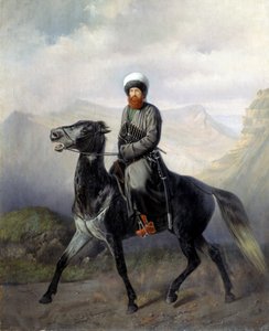 Portré equestre de Chamil (Imam Chamil, Shamil) (1797-1871), chef des tribus musulmanes du Caucase nord (Az észak-kaukázusi muszlim törzsek politikai és vallási vezetőjének portréja, Imam Shamil ) - Nyikolaj Jegorovics Sverchov Peinture alkotó: Nikolai Yegorovich Sverchov