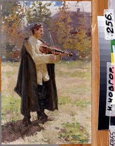 Házi dal. Katona hegedül. (Házi dal. Katona hegedűs). Nyikolaj Alekszejevics Kaszatkin (Kasatkin) (1859-1930) festménye, olaj, vászon