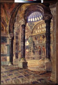Hagia Sophia (Hagia Sophia) Konstantinápolyban (Isztambul, Törökország) (Hagia Sophia Konstantinápolyban). A mecset belső nézete, bizánci építészet. Nyikolaj Alekszejevics Kaszatkin (Kasatkine) (1859-1930) festménye, olaj, vászon, 19. század vége. Művészet
