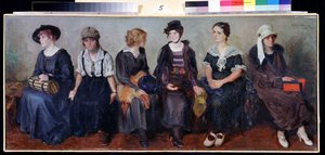 Színházi társulat (Theatre troupe). Hat egymás mellett ülő fiatal nő portréi, különféle arckifejezésekkel. Nyikolaj Alekszejevics Kaszatkin (Kasatkin) (1859-1930) festménye, olaj, vászon