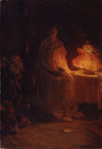 Egy levél (A Letter). Szomorú nő, nagyon melankolikus arccal, hálóingben, egy éjjeli lámpa mellett, egy levelet tart a kezében, melynek borítéka a földre esett. Nyikolaj Alekszejevics Kaszatkin (Kasatkin) (1859-1930) festménye, olaj, vászon