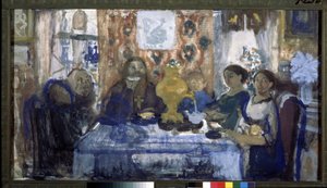 Teát inni. Egy család egy asztal körül gyűlt össze, közepén egy szamovárral. Nyikolaj Nyikolajevics Sapunov (Szapunov) (1880-1912) munkája, tempera kartonon