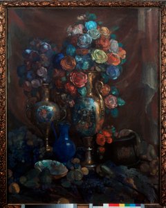 Nature morte (Vázák, fleurs és gyümölcsök) - Csendélet (Vázák, virágok és gyümölcsök) - Nyikolaj Nyikolajevics Sapunov (Szapunov) (1880-1912) alkotásai, tempera, vászon