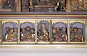 Krisztus és a tizenkét apostol fafaragása az isenheimi oltárkép retabellájának predellájáról, 1490 körül (festett fa).