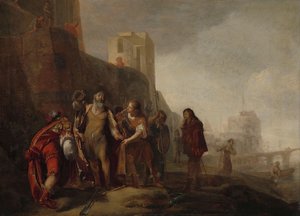 Nagy Sándor legátusai Abdalonymus kertésznek a szidoni királyság jelvényével ruházzák fel, 1645 körül - 1650 körül (olaj, tábla)0