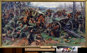Az orosz lovasság a német tüzérség ellen 1915-ben (Az orosz lovasság a német tüzérség ellen 1915-ben). Nyikolaj Jakovlevics Boriszov (1873-1942) festménye. Olaj, vászon, 75 x 142 cm, XX. század eleji orosz művészet. Állami Központi Tüzérség alkotó: Nikolay Yakovlevich Borisov