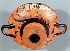 Görög vitorlás hajókat ábrázoló tetőtéri fekete figurás csésze, ie 520 körül (kerámia) alkotó: Nikosthenes