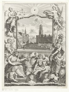 Stadsgezicht met Domkerk te Utrecht en allegorie met Utrechtse stedenmaagd Titelpagina voor: Elias de Vries, Dissertatio juridica, de jure naturale ac gentium, seu duobus prioribus juris fontibus, 1745. alkotó: Noach van der Meer (I)