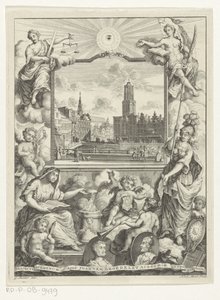Stadsgezicht met Domkerk te Utrecht en allegorie met Utrechtse stedenmaagd Titelpagina voor: Elias de Vries, Dissertatio juridica, de jure naturale ac gentium, seu duobus prioribus juris fontibus, 1745. alkotó: Noach van der Meer (I)