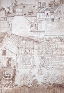 Egy városi ház kertje parterrel és szőlőlugassal, épületekkel körülvéve, 1677 körül (toll és barna tinta barna mosással)