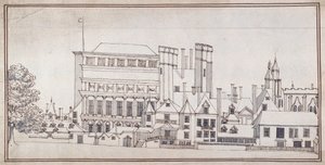 Whitehall a Holbein-kapuval és Inigo Jones bankettházával, 1677 körül (toll és barna tinta szürke mosással)