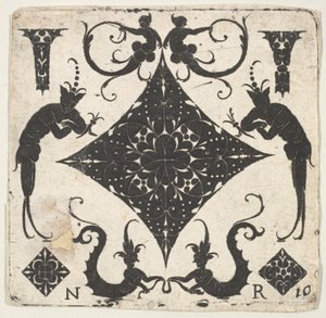 Homorú pasztilla alakú tábla és groteszk figurák, kb. 1620-30. alkotó: Noel Rouillard