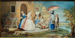 Jean Baptiste Poquelin komikus és drámaíró dit Moliere (egyik térd a földön) és humoristái a Georges Dandin ou le mari összezavarodva””” című darabban 1668-ban. Karácsonyi festmény Coypel (1628-1707) 1668 Jacques Lorcey gyűjtemény