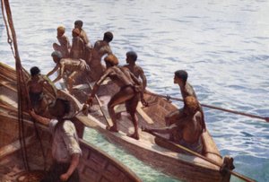 Copra Boys ki a partra, Új-Hebridák (színes litho) alkotó: Norman Hardy