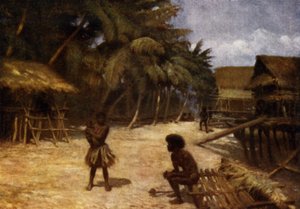 Motu Village, Port Moresby, Brit Új-Guinea (színes litho) alkotó: Norman Hardy