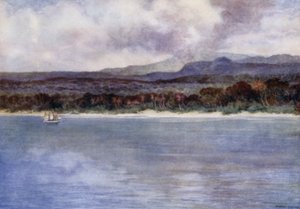 Marion-hegy, az aktív vulkán, Ambryn szigete, Új-Hebridák (színes litho) alkotó: Norman Hardy