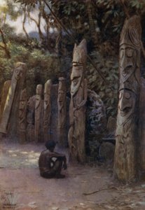 A Stone "Demits" vagy a lelkek, a hozzájuk tartozó fafigurákkal, Malekula-sziget, Új-Hebridák (színes litho) alkotó: Norman Hardy