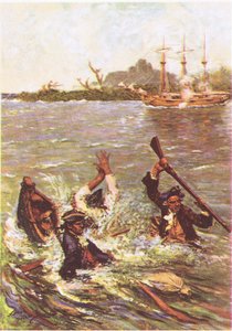 A csónak a tat mellett süllyedt el három lábnyi vízben, a Treasure Islandről, a MacDonald 1947 kiadásában (színes litho) alkotó: Norman Mills Price